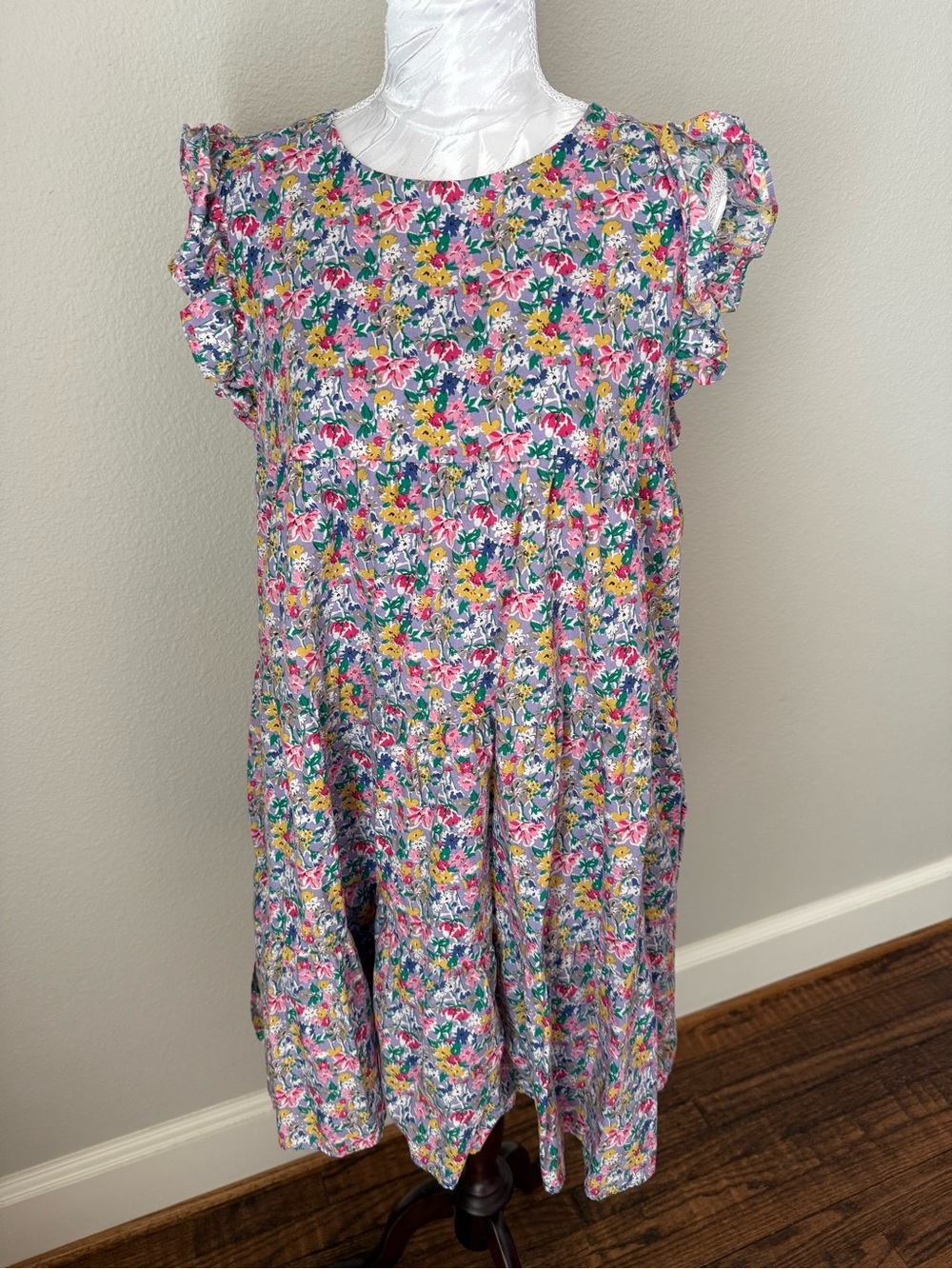 Free the Roses Girls Floral Flutter Sleeve Dress - Pink, Yellow & Blue